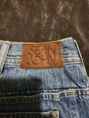 Sean John Blue Denim Jean Shorts with Brown Leather Patch